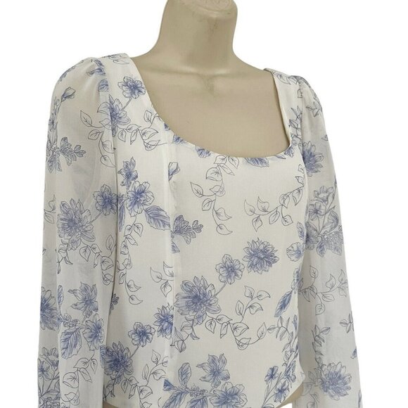 House of Harlow Women's Sz S Blue Floral Cropped Balloon Sleeve Smocked Back Top - Picture 2 of 8